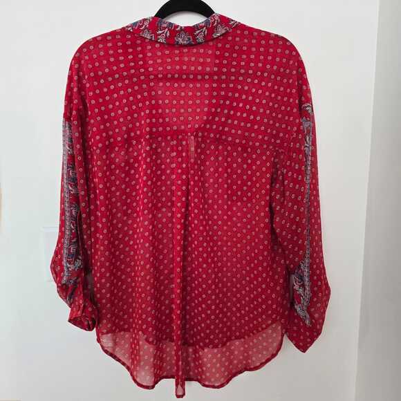 Free People Red Semi-Sheer Bohemian Print Blouse M Paisley Festival Bandana - Picture 6 of 9